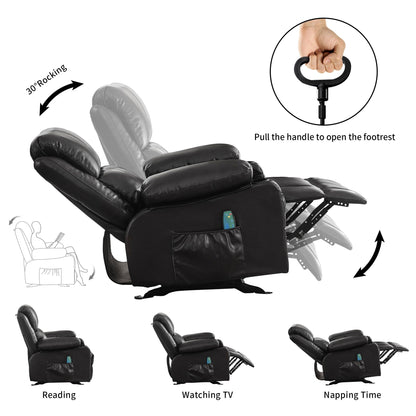 Black Rocking Recliner with USB Charging, Massage, Heating, and Cup Holders for Ultimate Comfort