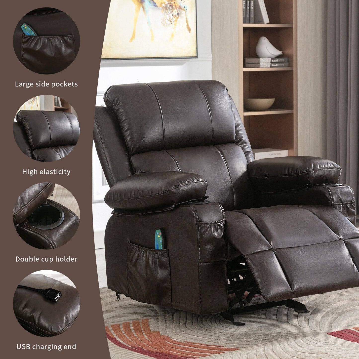 Black Rocking Recliner with USB Charging, Massage, Heating, and Cup Holders for Ultimate Comfort
