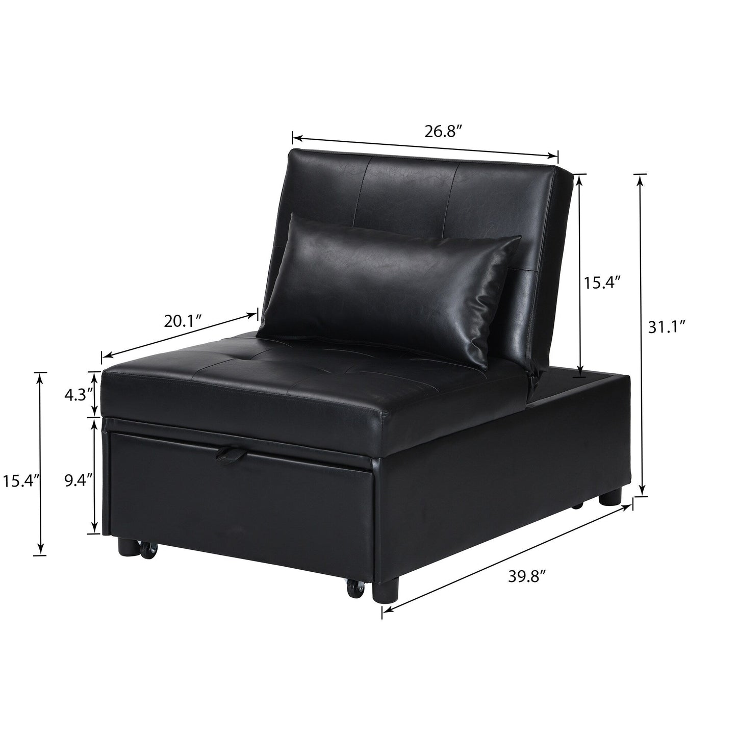 Black Single Folding Ottoman Sofa Bed with Adjustable Back
