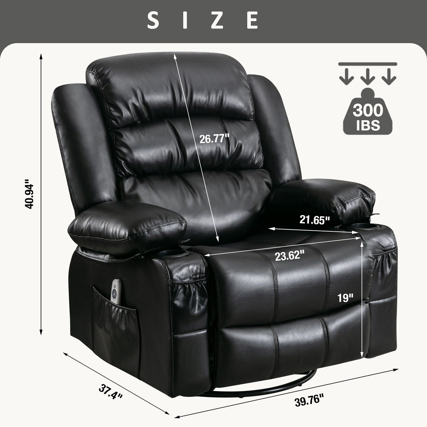Black Swivel Rocker Recliner Chair with Vibration Massage, Heat, 360° Rotation, Side Pocket, Cup Holders, and USB Charging