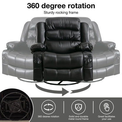 Black Swivel Rocker Recliner Chair with Vibration Massage, Heat, 360° Rotation, Side Pocket, Cup Holders, and USB Charging