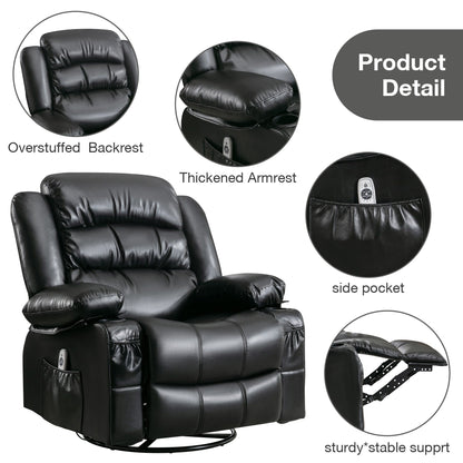 Black Swivel Rocker Recliner Chair with Vibration Massage, Heat, 360° Rotation, Side Pocket, Cup Holders, and USB Charging