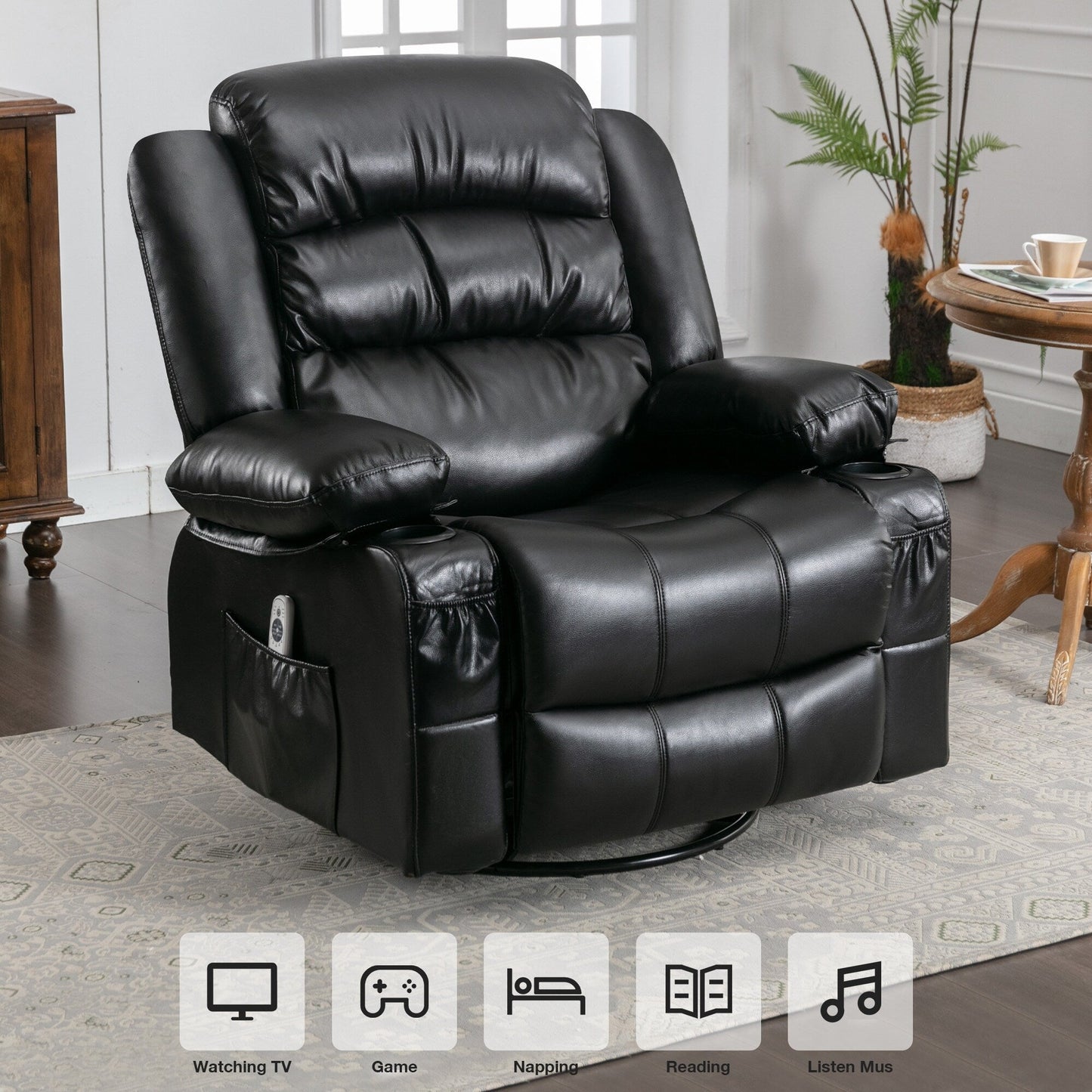 Black Swivel Rocker Recliner with Vibration Massage, Heat, 360Â° Rotation, Side Pocket, and Cup Holders
