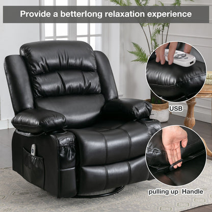 Black Swivel Rocker Recliner with Vibration Massage, Heat, 360Â° Rotation, Side Pocket, and Cup Holders
