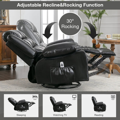 Black Swivel Rocker Recliner with Vibration Massage, Heat, 360Â° Rotation, Side Pocket, and Cup Holders