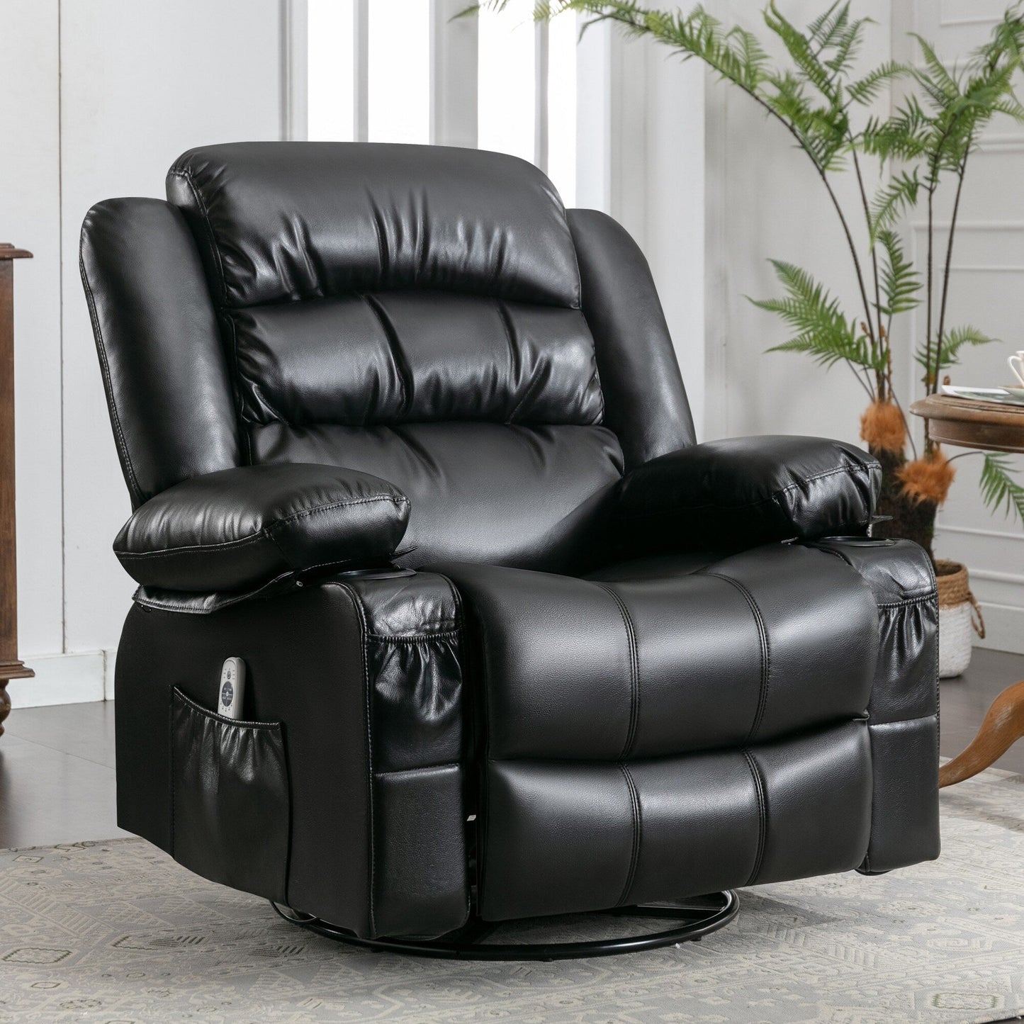 Black Swivel Rocker Recliner with Vibration Massage, Heat, 360Â° Rotation, Side Pocket, and Cup Holders