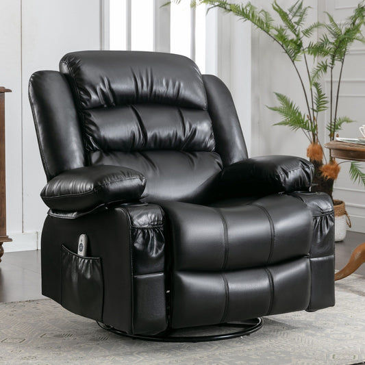 Black Swivel Rocker Recliner with Vibration Massage, Heat, 360Â° Rotation, Side Pocket, and Cup Holders