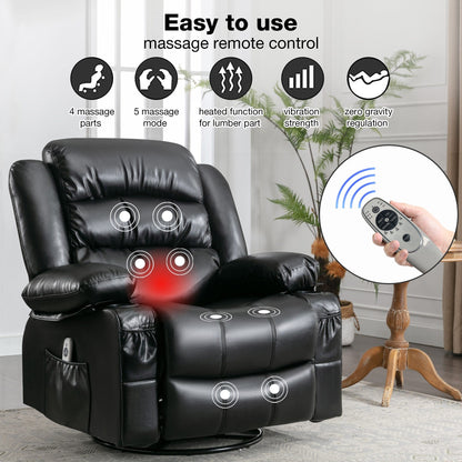 Black Swivel Rocker Recliner with Vibration Massage, Heat, 360Â° Rotation, Side Pocket, and Cup Holders