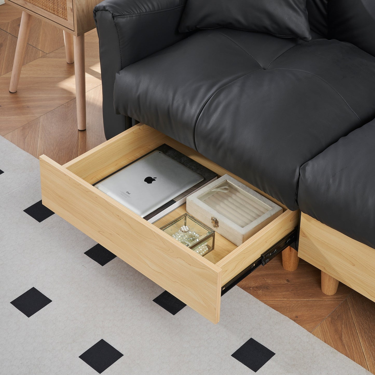Black Tech cloth Modern 84.64 Upholstered 3-seater Sofa Bed with Pillows, Storage Seat, and Drawer