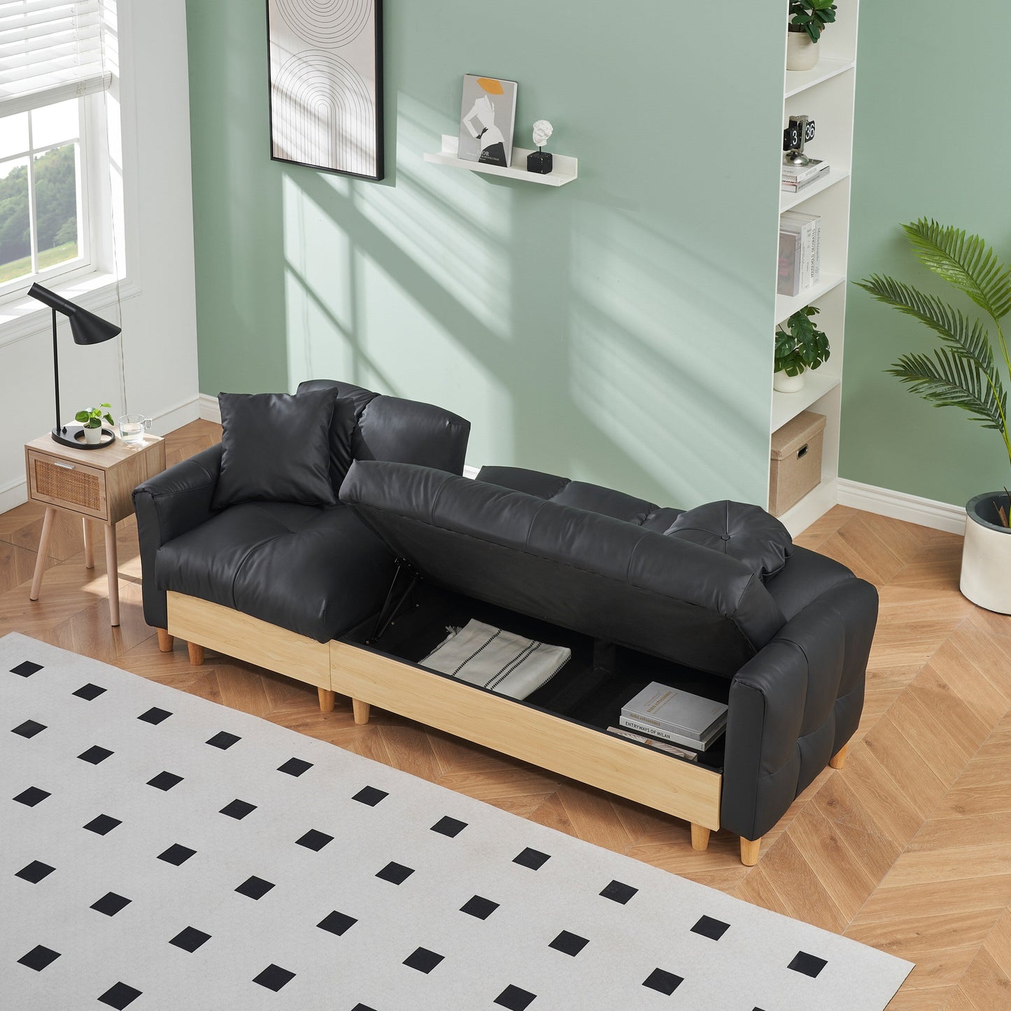 Black Tech cloth Modern 84.64 Upholstered 3-seater Sofa Bed with Pillows, Storage Seat, and Drawer