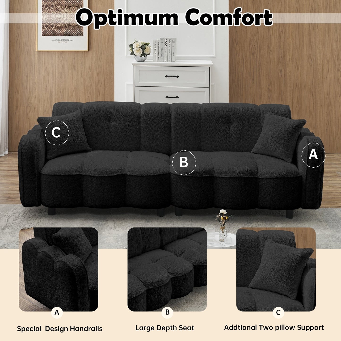 Black Teddy Plush Cloud 3-seater Sofa