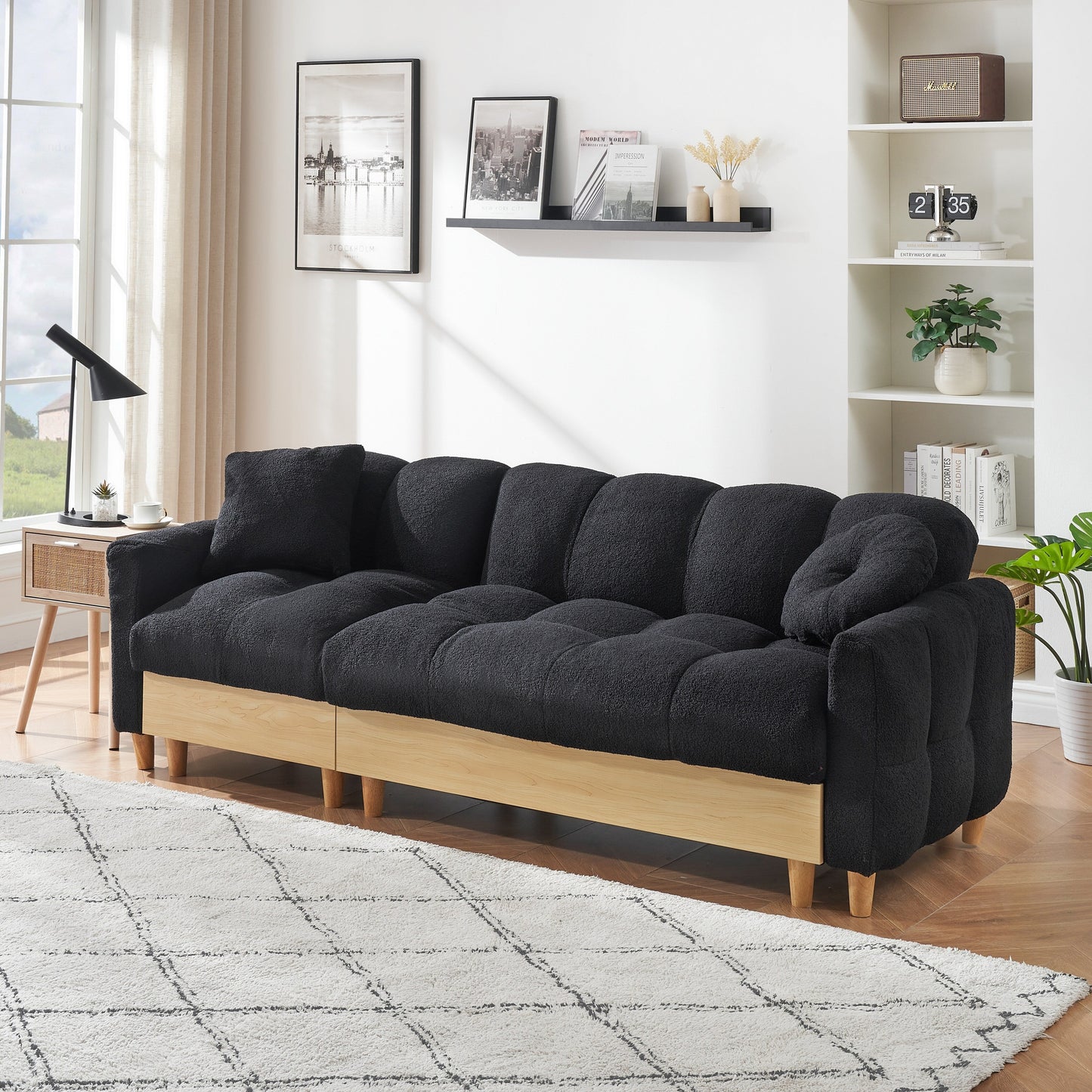 Black Teddy Upholstered 3-seater Sofa Bed with Storage and Drawer