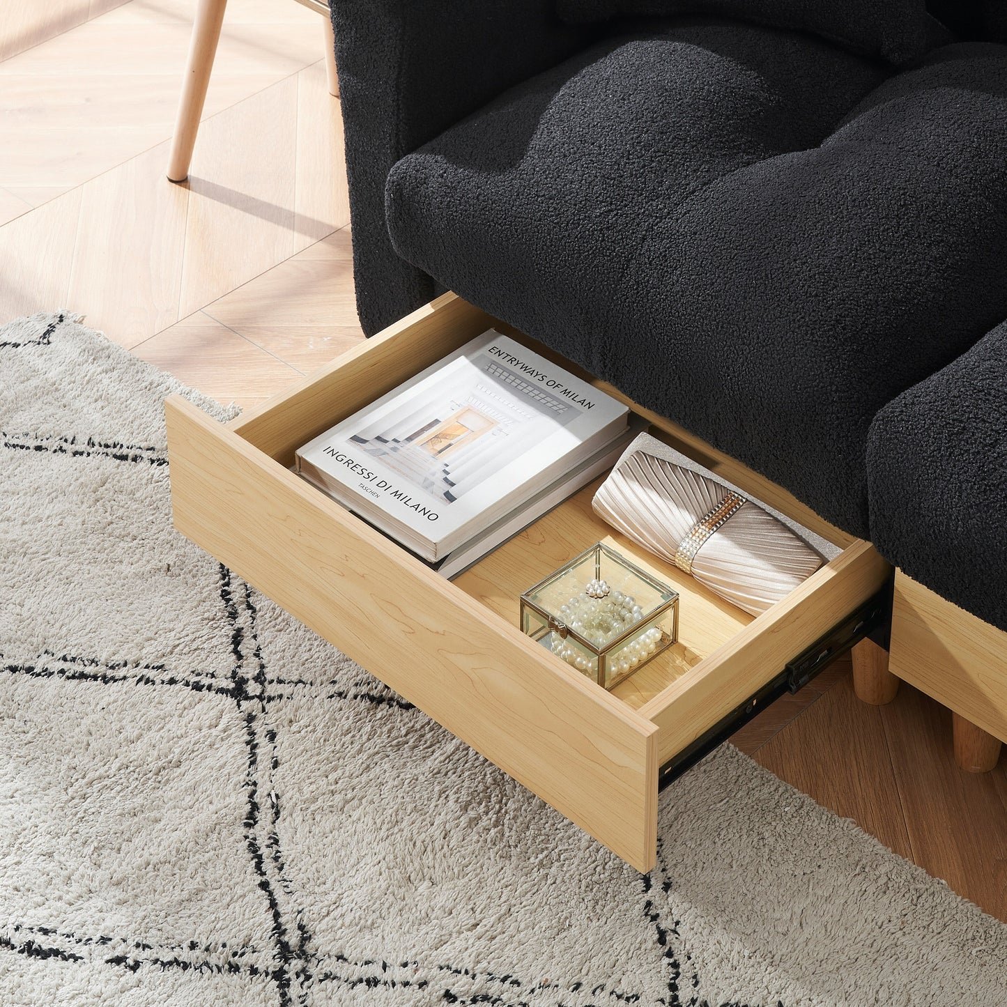 Black Teddy Upholstered 3-seater Sofa Bed with Storage and Drawer