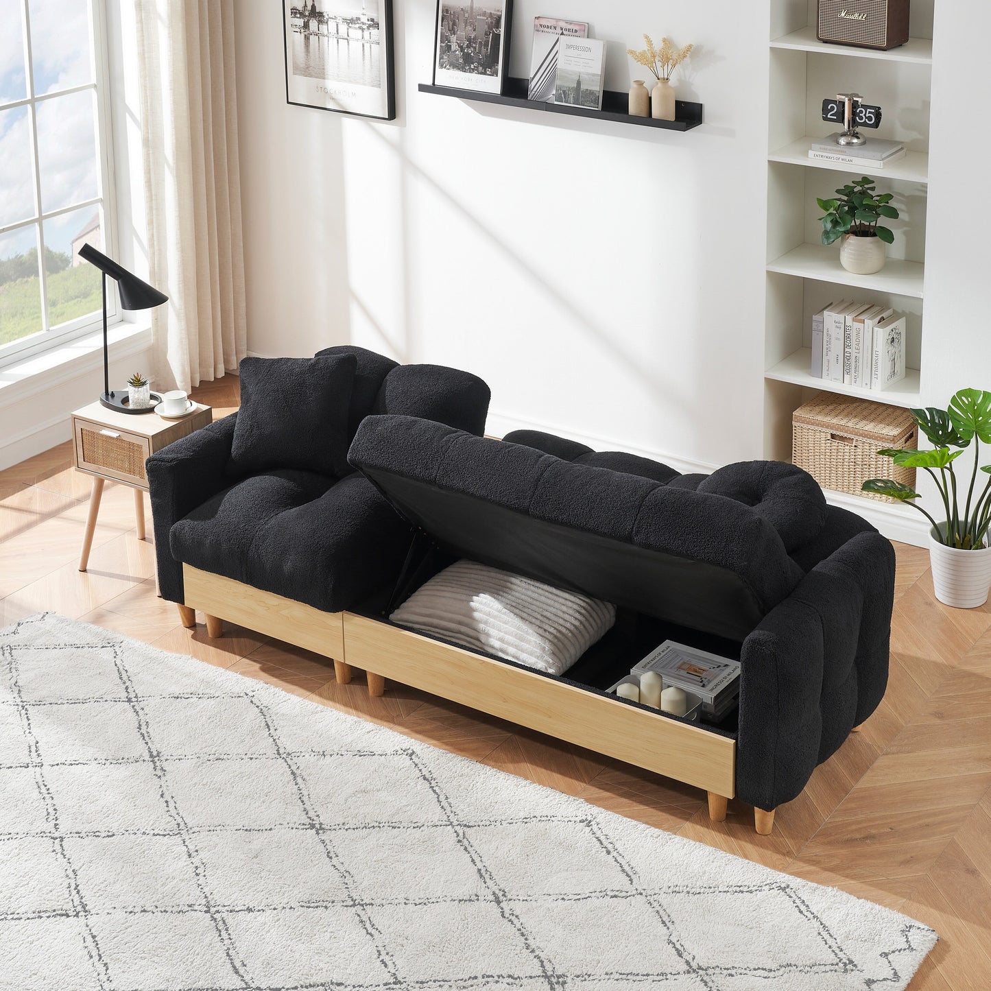 Black Teddy Upholstered 3-seater Sofa Bed with Storage and Drawer