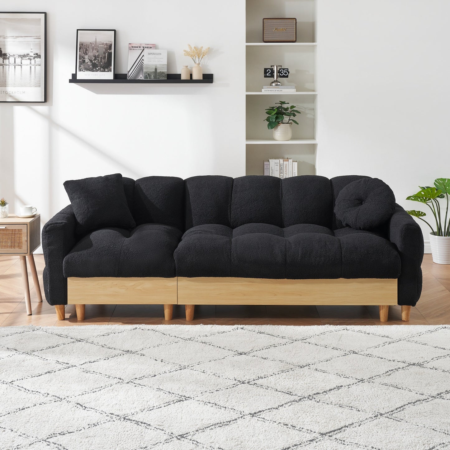 Black Teddy Upholstered 3-seater Sofa Bed with Storage and Drawer