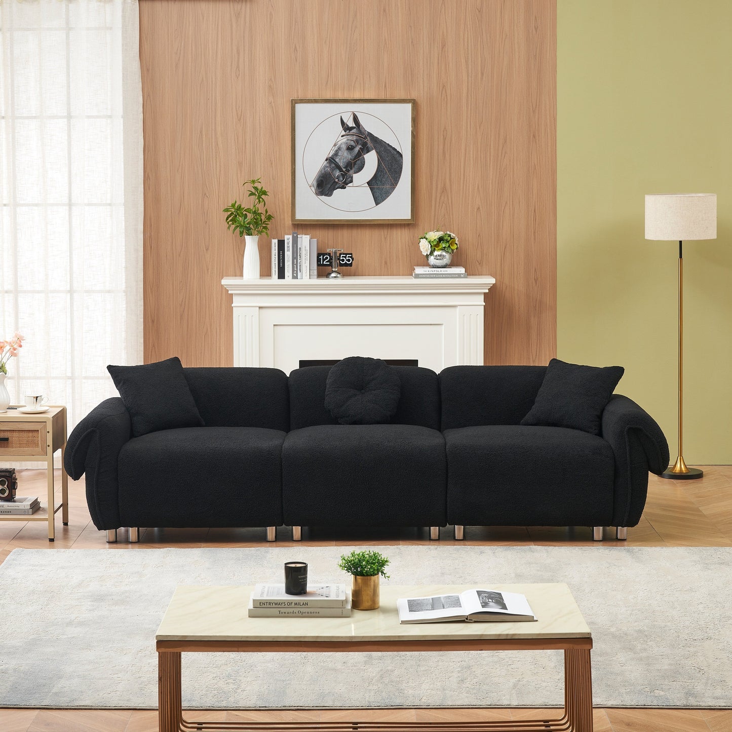 Black Teddy Velvet 3-seater Sofa with Pillows