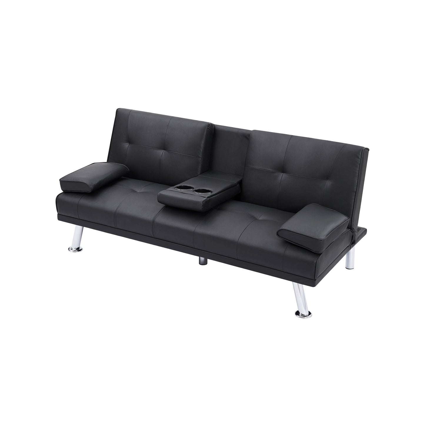 Black Upholstered 66 Loveseat Sofa Bed with 2 Cup Holders and Stainless Legs for Living Room