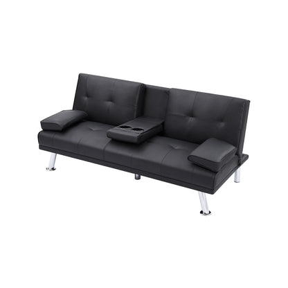 Black Upholstered 66 Loveseat Sofa Bed with 2 Cup Holders and Stainless Legs for Living Room