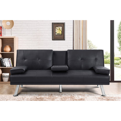 Black Upholstered 66 Loveseat Sofa Bed with 2 Cup Holders and Stainless Legs for Living Room