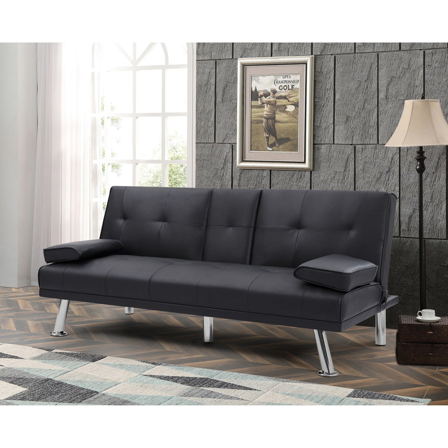 Black Upholstered 66 Loveseat Sofa Bed with 2 Cup Holders and Stainless Legs for Living Room