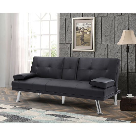 Black Upholstered 66 Loveseat Sofa Bed with 2 Cup Holders and Stainless Legs for Living Room
