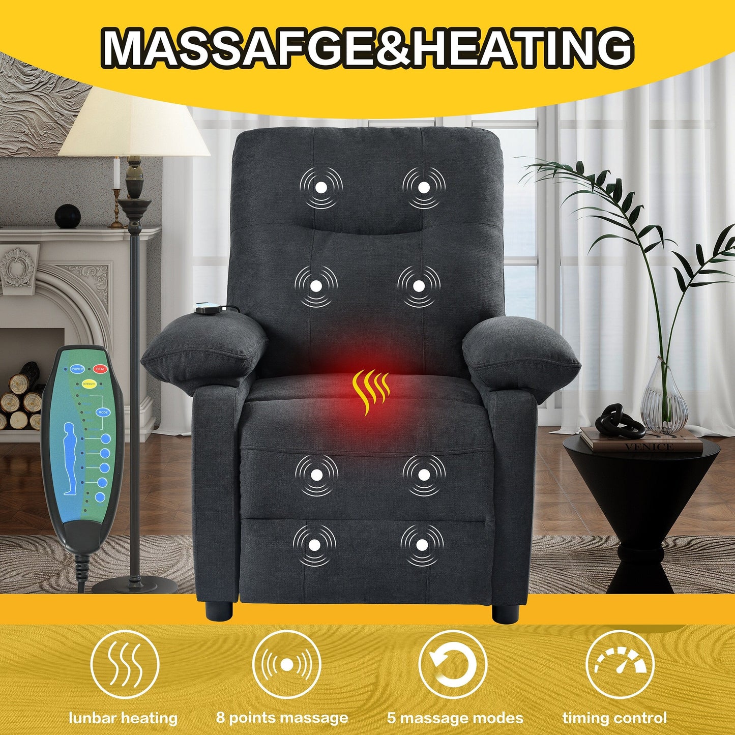 Black Upholstered Manual Recliner with Massage, Lumbar Heating, Pillow Top Arms, Side Pockets