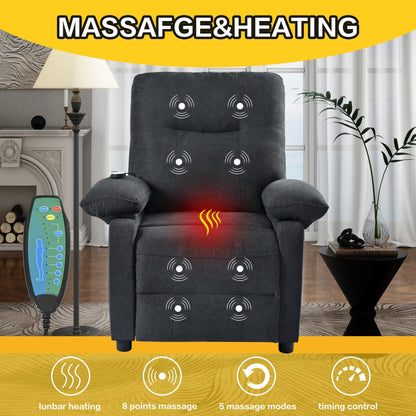 Black Upholstered Manual Recliner with Massage, Lumbar Heating, Pillow Top Arms, Side Pockets