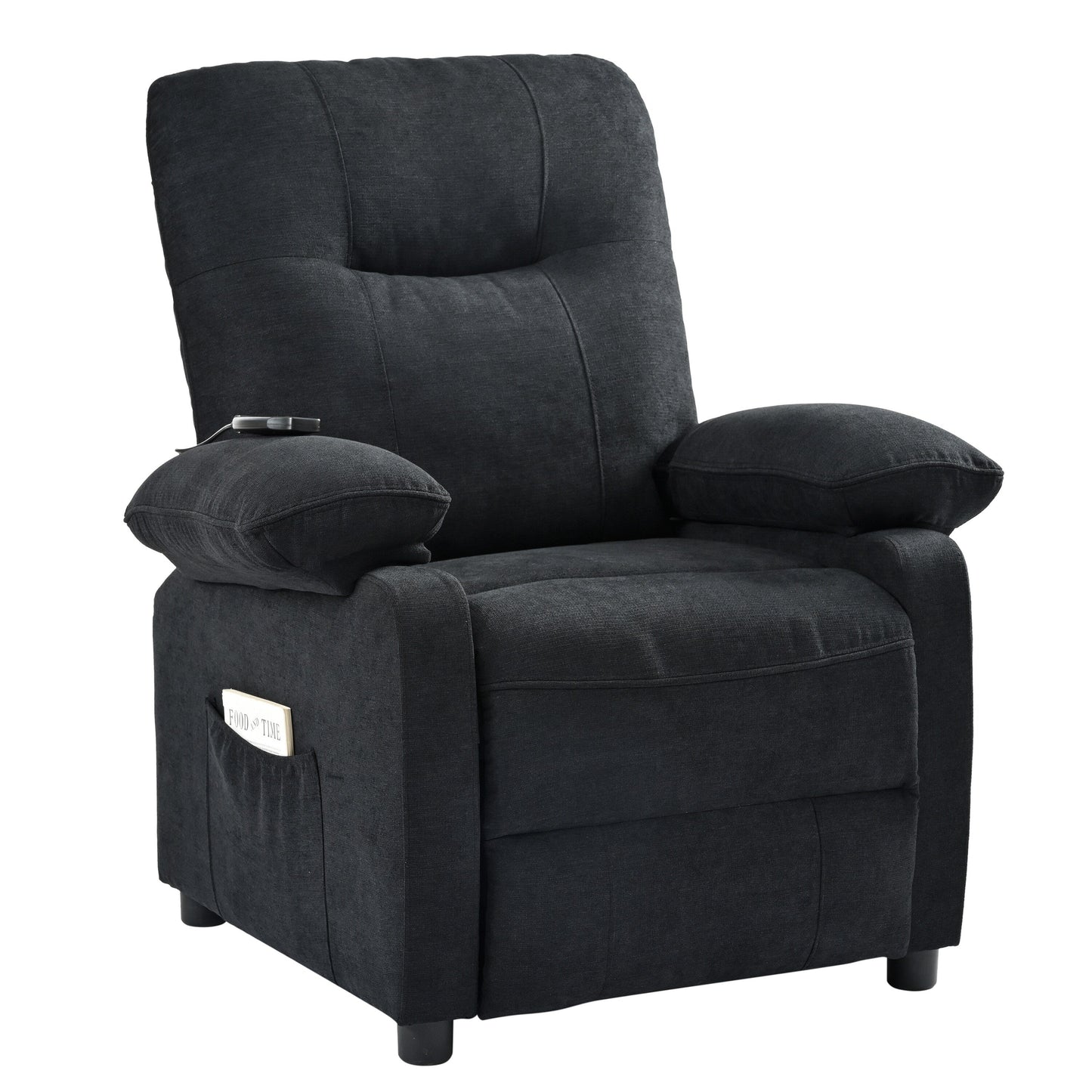 Black Upholstered Manual Recliner with Massage, Lumbar Heating, Pillow Top Arms, Side Pockets