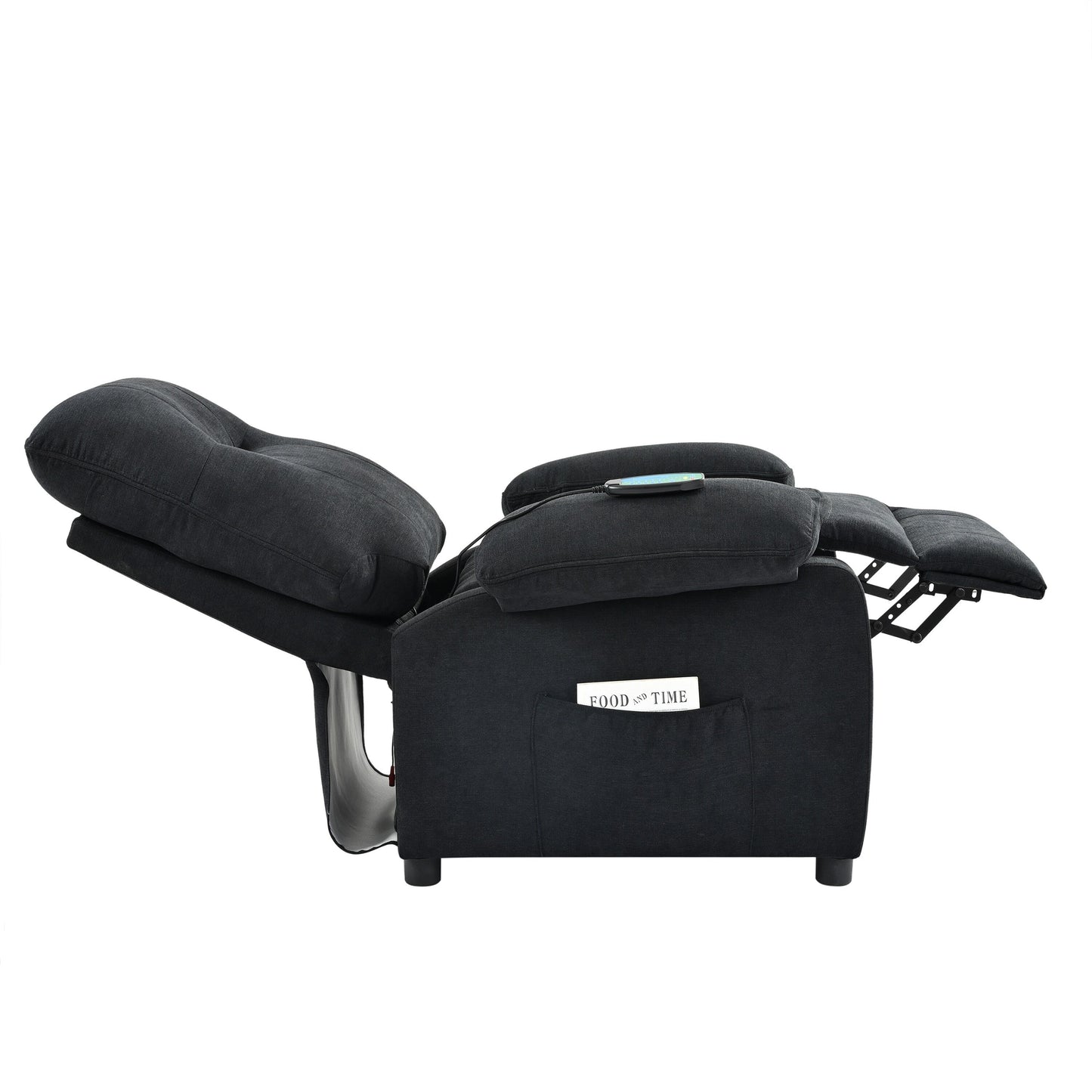 Black Upholstered Manual Recliner with Massage, Lumbar Heating, Pillow Top Arms, Side Pockets