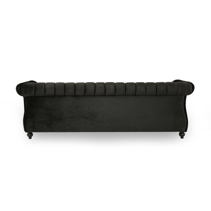 Black Velvet 3-seater Rolled Arms Sofa with Button Tufting
