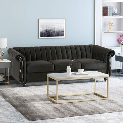 Black Velvet 3-seater Rolled Arms Sofa with Button Tufting