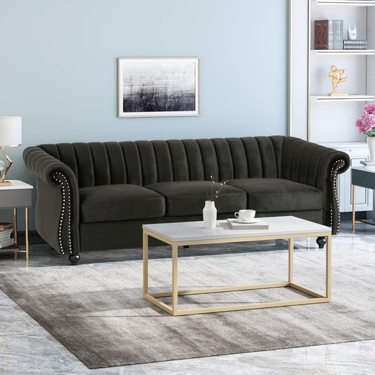 Black Velvet 3-seater Rolled Arms Sofa with Button Tufting