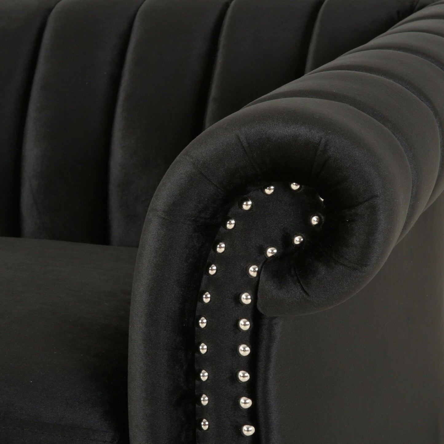 Black Velvet 3-seater Rolled Arms Sofa with Button Tufting