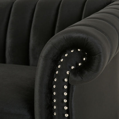Black Velvet 3-seater Rolled Arms Sofa with Button Tufting