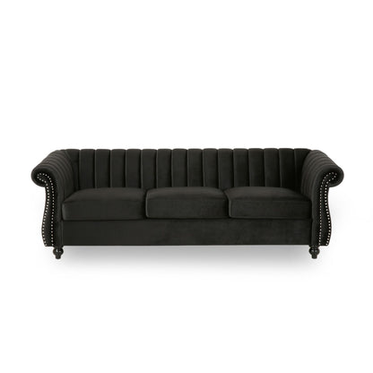 Black Velvet 3-seater Rolled Arms Sofa with Button Tufting