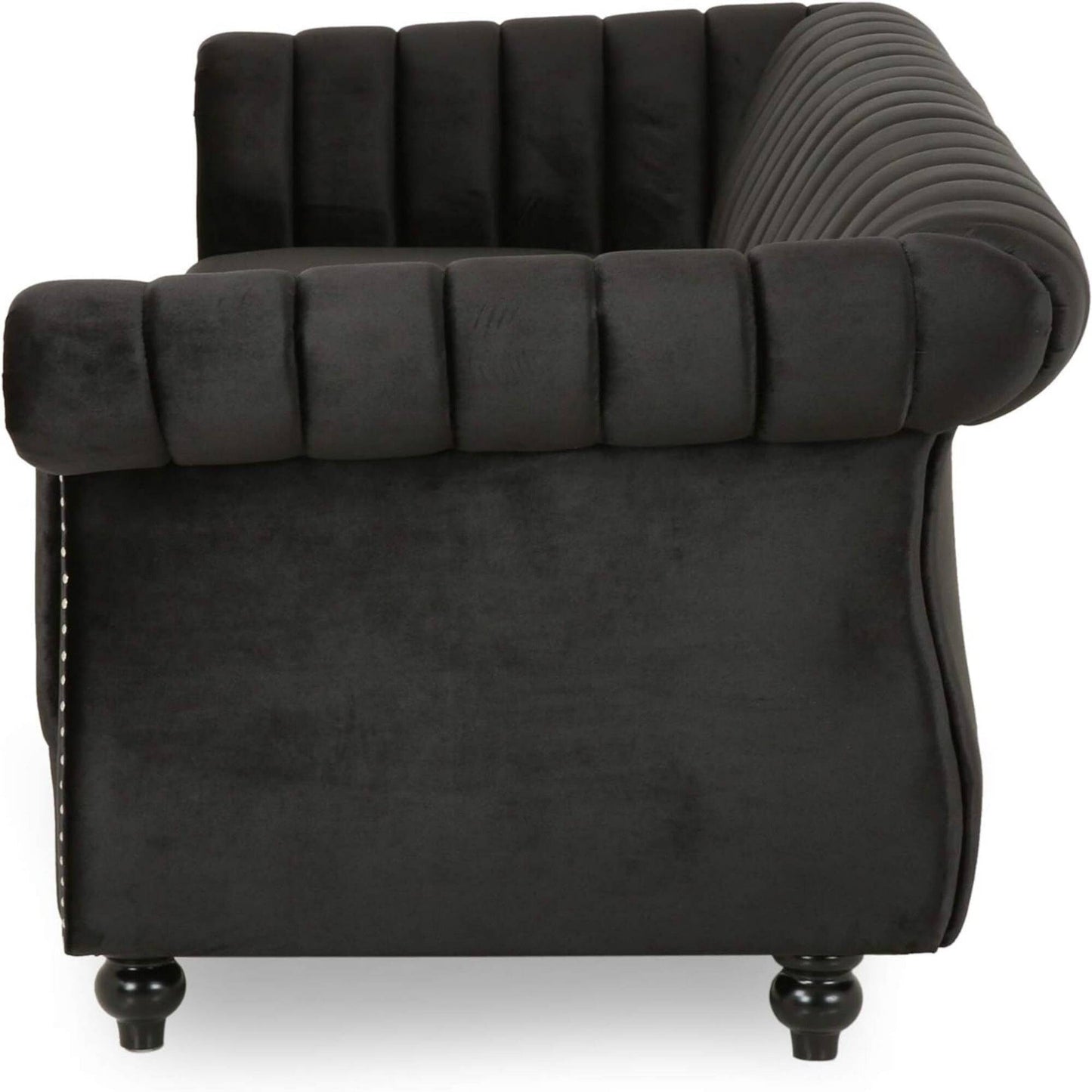 Black Velvet 3-seater Rolled Arms Sofa with Button Tufting