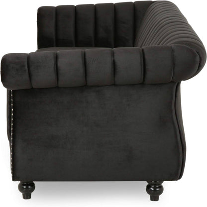 Black Velvet 3-seater Rolled Arms Sofa with Button Tufting