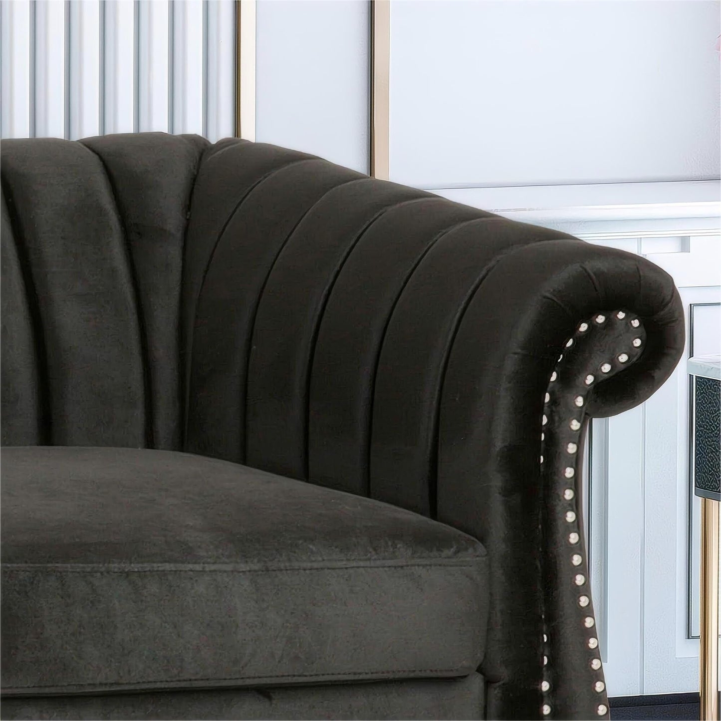 Black Velvet 3-seater Rolled Arms Sofa with Button Tufting
