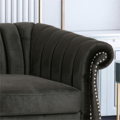 Black Velvet 3-seater Rolled Arms Sofa with Button Tufting