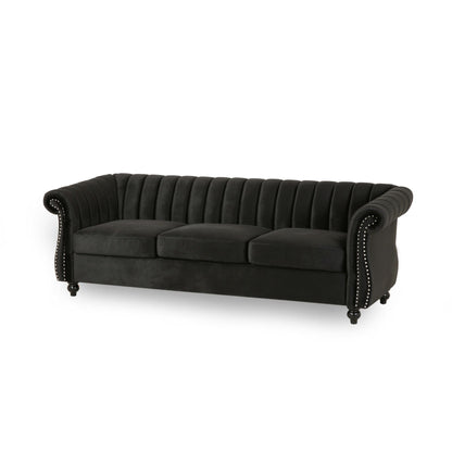 Black Velvet 3-seater Rolled Arms Sofa with Button Tufting
