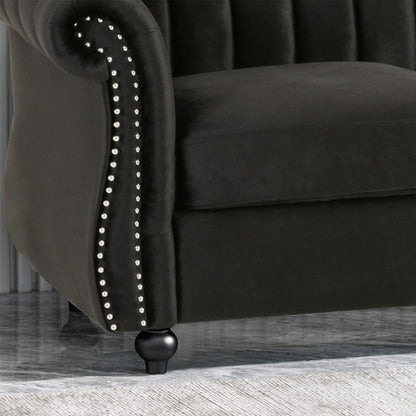 Black Velvet 3-seater Rolled Arms Sofa with Button Tufting