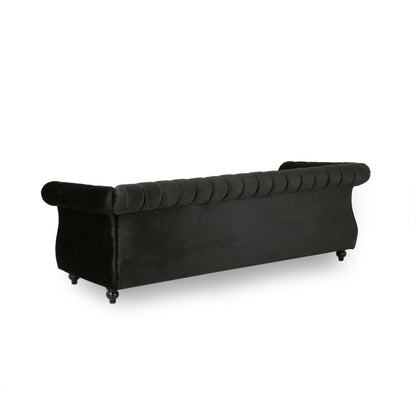 Black Velvet 3-seater Rolled Arms Sofa with Button Tufting