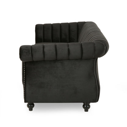 Black Velvet 3-seater Rolled Arms Sofa with Button Tufting