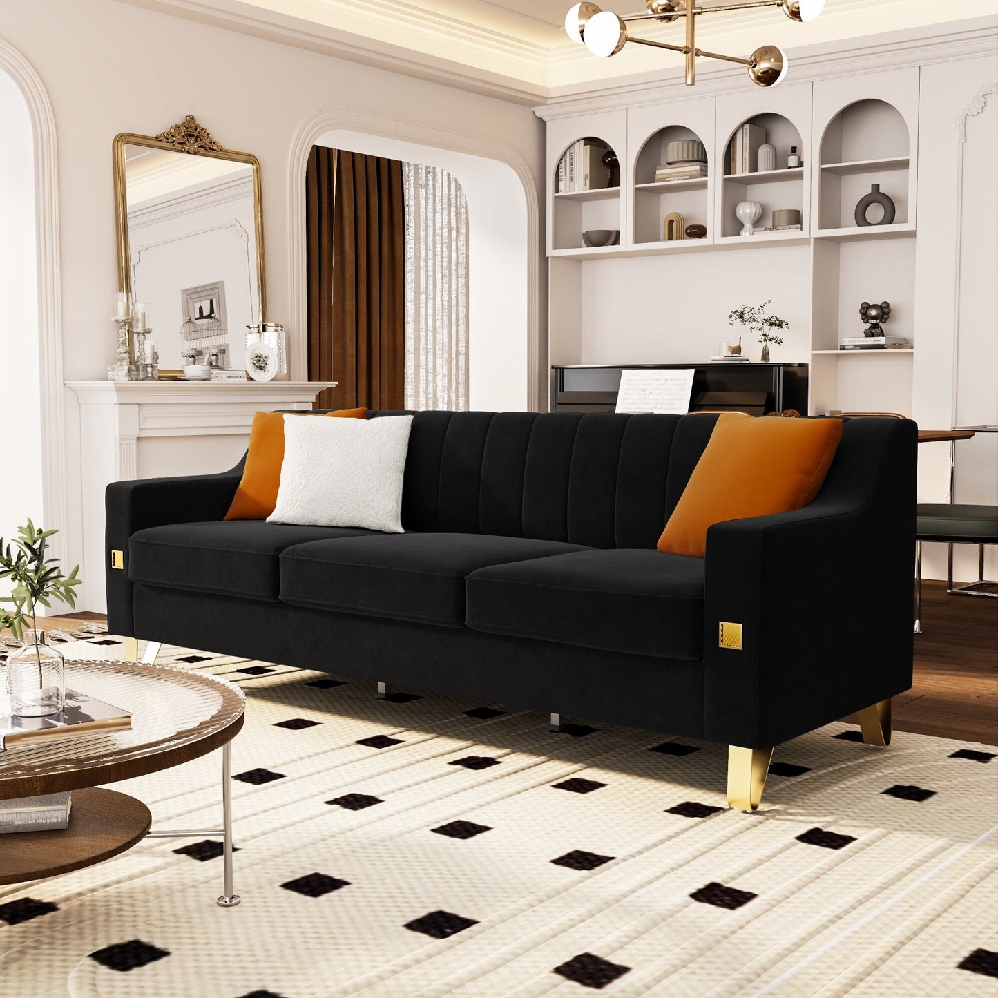 Black Velvet 3-seater Sofa with Gold Accents