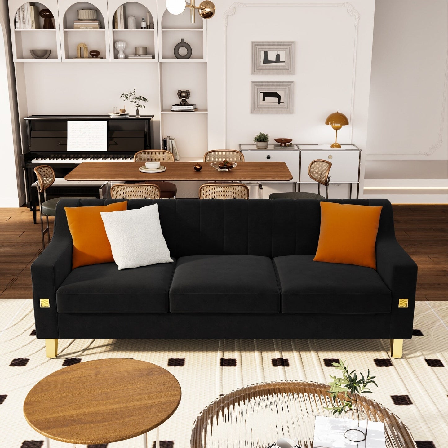 Black Velvet 3-seater Sofa with Gold Accents