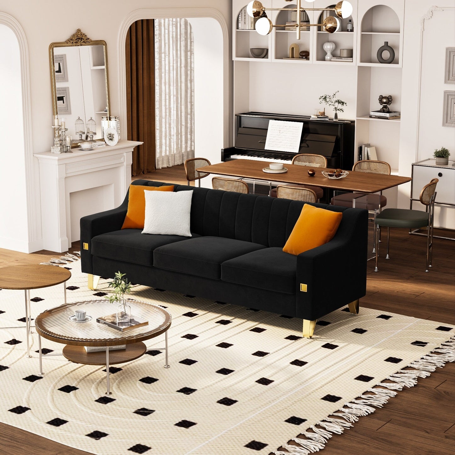 Black Velvet 3-seater Sofa with Gold Accents