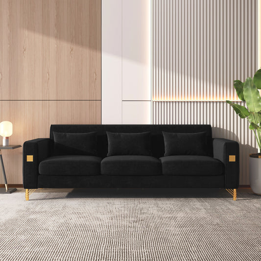 Black Velvet 3-seater Sofa with Gold Finish Metal Leg