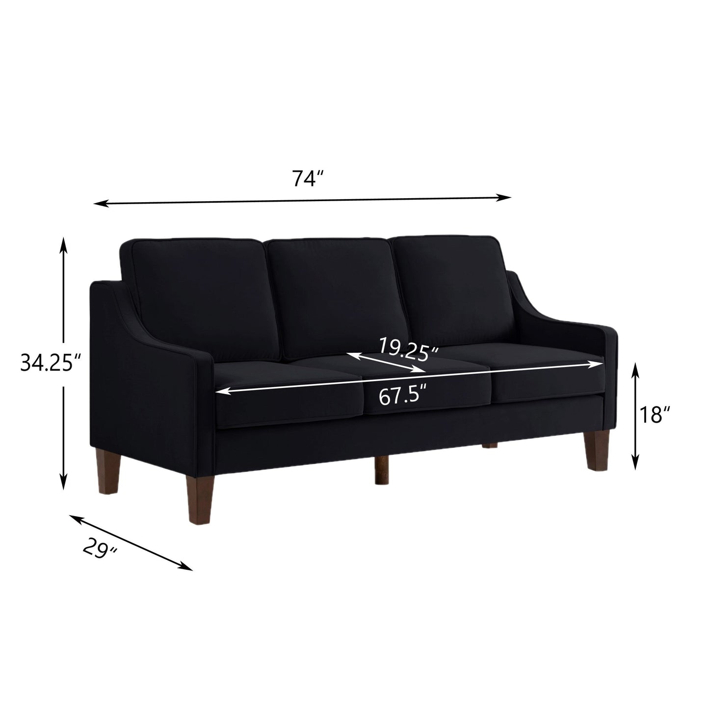 Black Velvet 3-seater Sofa with Scooped Armrest