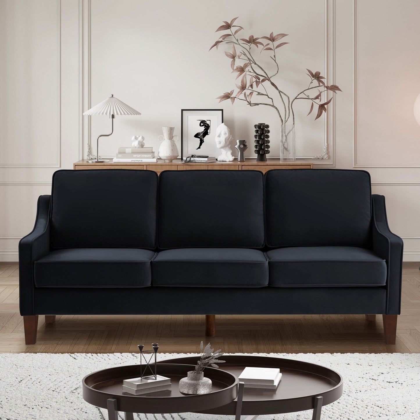 Black Velvet 3-seater Sofa with Scooped Armrest