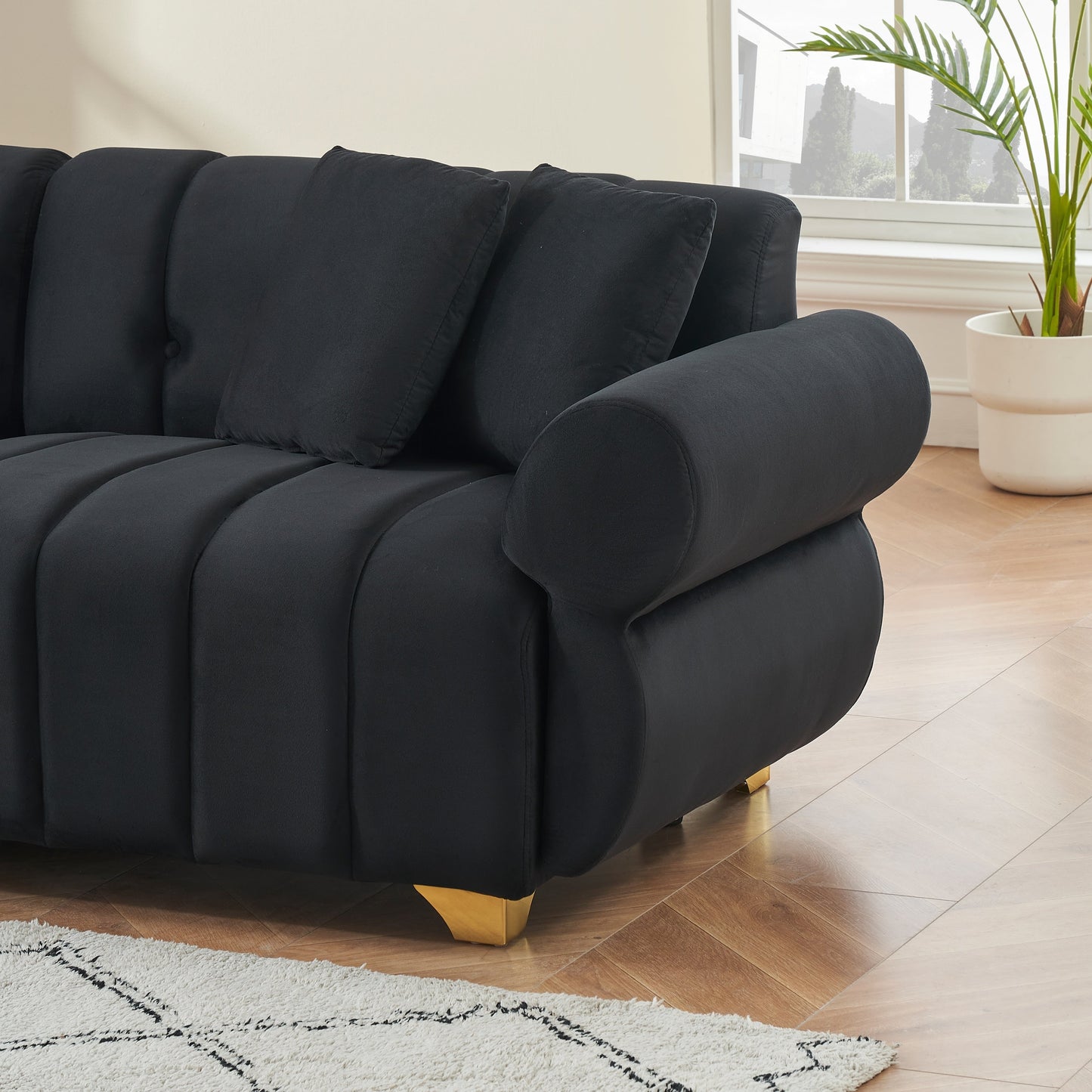 Black Velvet 3-seater Sofa with Spring-Wrapped Cushions